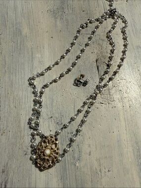 Vintage Gold Filigree Pearl + Aurora Jewelry Set - Necklace + Earrings